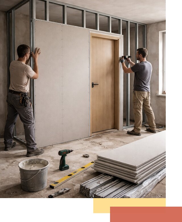 Перегородка из гипсокартона с дверью под ключ в Луховицах