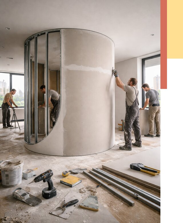 Радиусная перегородка из гипсокартона в Луховицах от 3000 руб. под ключ | ОТДЕЛОЧНИК-Лхв