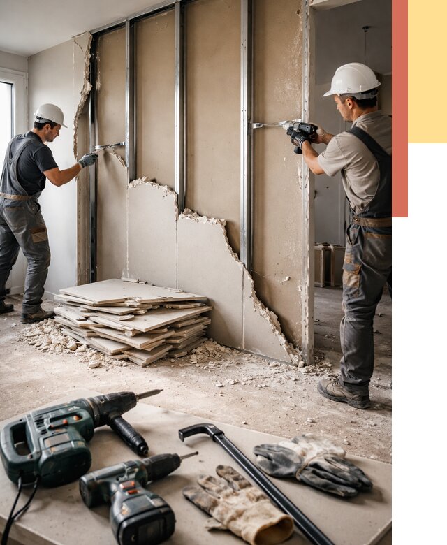 Демонтаж перегородки из гипсокартона в Луховицах от 1241 руб. быстро и недорого | ОТДЕЛОЧНИК-Лхв