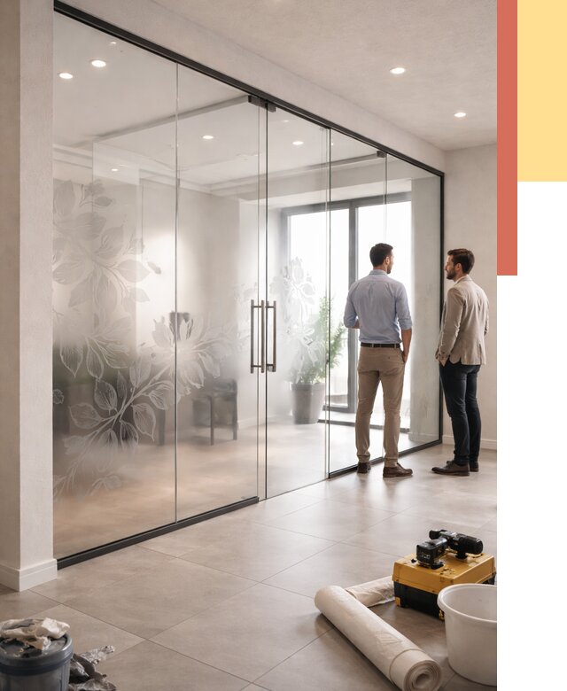 Стеклянные перегородки с рисунком в Луховицах от 12931 руб. монтаж и нанесение | ОТДЕЛОЧНИК-Лхв