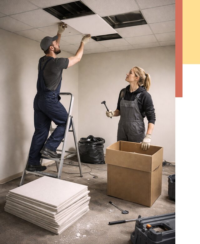 Демонтаж потолочной плитки в Луховицах от 4655 руб. быстро и недорого | ОТДЕЛОЧНИК-Лхв