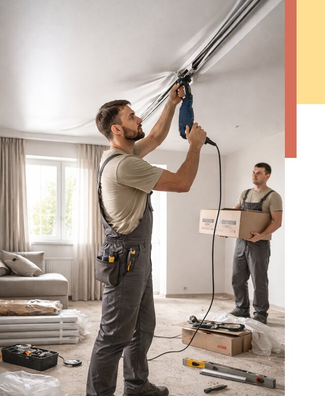 Монтаж сатинового натяжного потолка в Луховицах от 3621 руб. | Быстро, недорого — ОТДЕЛОЧНИК-Лхв