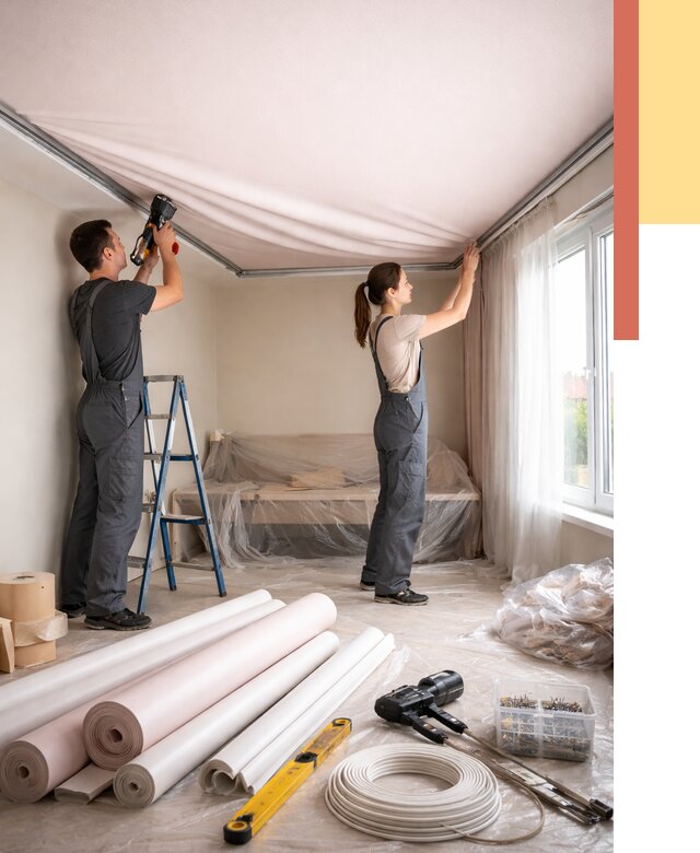 Монтаж цветного натяжного потолка в Луховицах от 4345 руб/м² — быстро и недорого | ОТДЕЛОЧНИК-Лхв