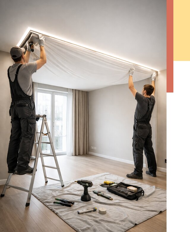 Монтаж парящего натяжного потолка в Луховицах от 4655 руб. быстро и недорого | ОТДЕЛОЧНИК-Лхв