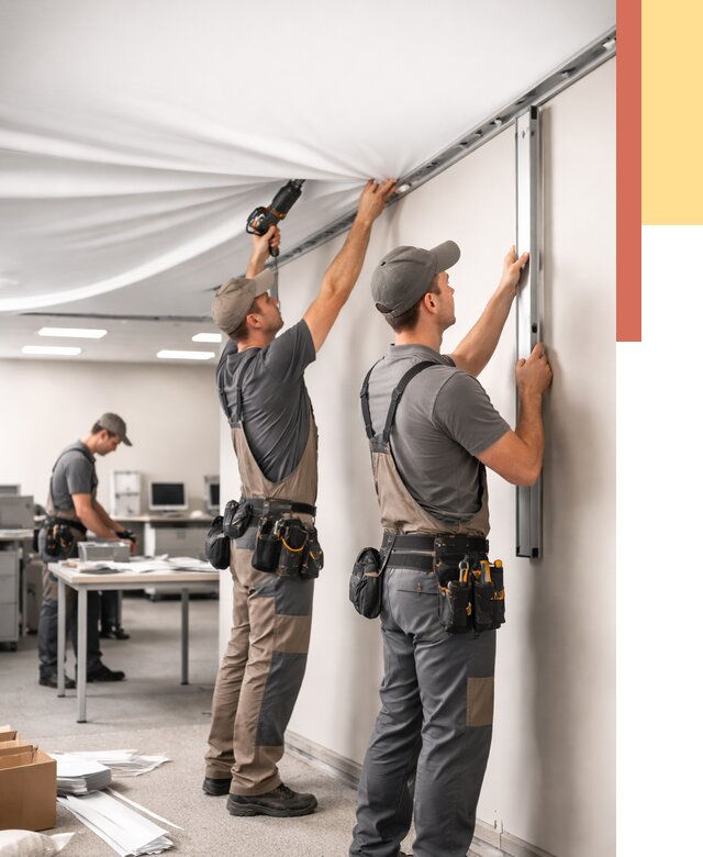 Монтаж натяжного потолка в офисе в Луховицах от 466 руб/м² — быстро и недорого | ОТДЕЛОЧНИК-Лхв