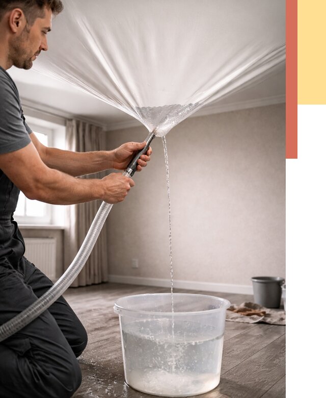 Слив воды с натяжного потолка в Луховицах от 2586 руб. быстро и недорого | ОТДЕЛОЧНИК-Лхв