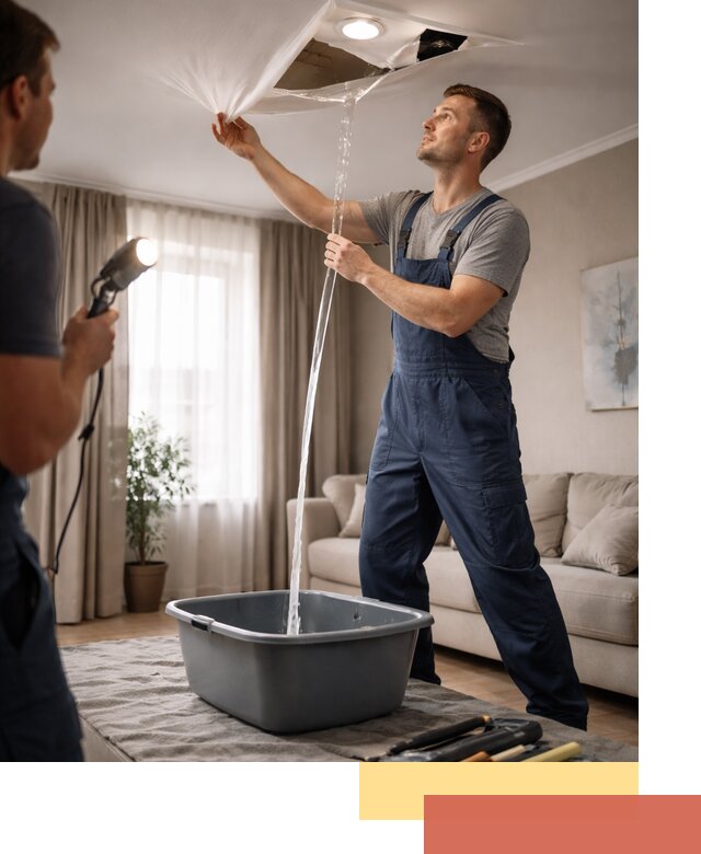 Слив воды с натяжного потолка в Луховицах быстро и аккуратно