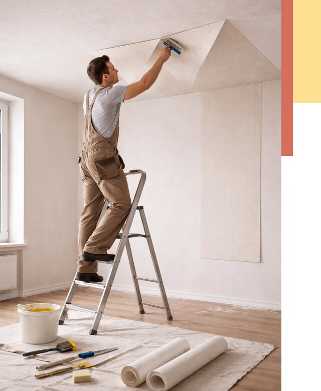 Поклейка обоев на потолок в Луховицах от 4655 руб. быстро и недорого | ОТДЕЛОЧНИК-Лхв